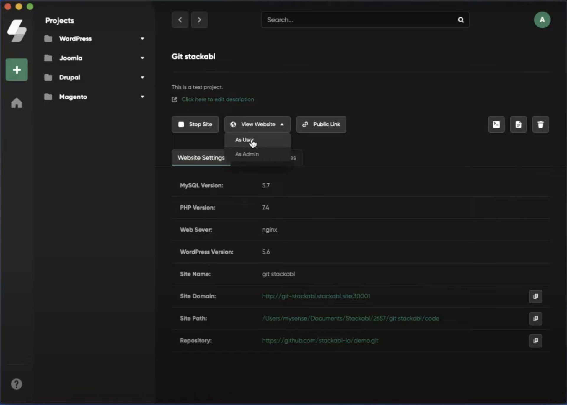 Project settings after initial setup